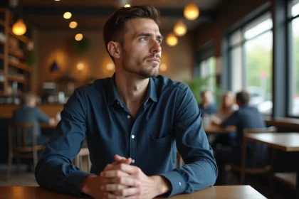 Homme marié portant une alliance regardant au loin dans un café, expression pensive et distante