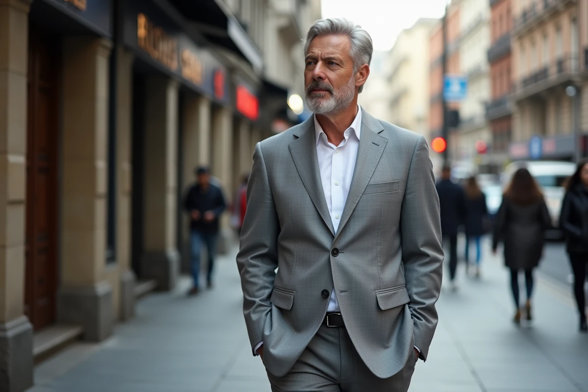 Homme marié en costume gris debout dans une rue animée, regard pensif et alliance visible à la main