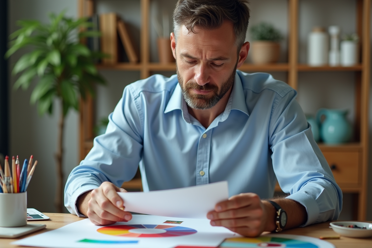 Homme analyse un cercle chromatique et échantillons de peinture