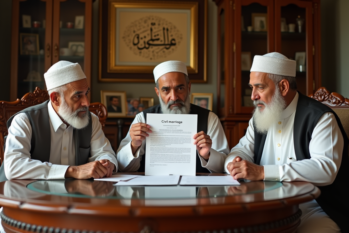 Trois hommes musulmans discutant autour d une table en famille