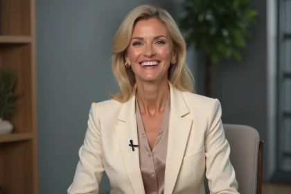 Femme élégante en blazer crème lors d'une interview télévisée dans un studio moderne, ambiance éditoriale