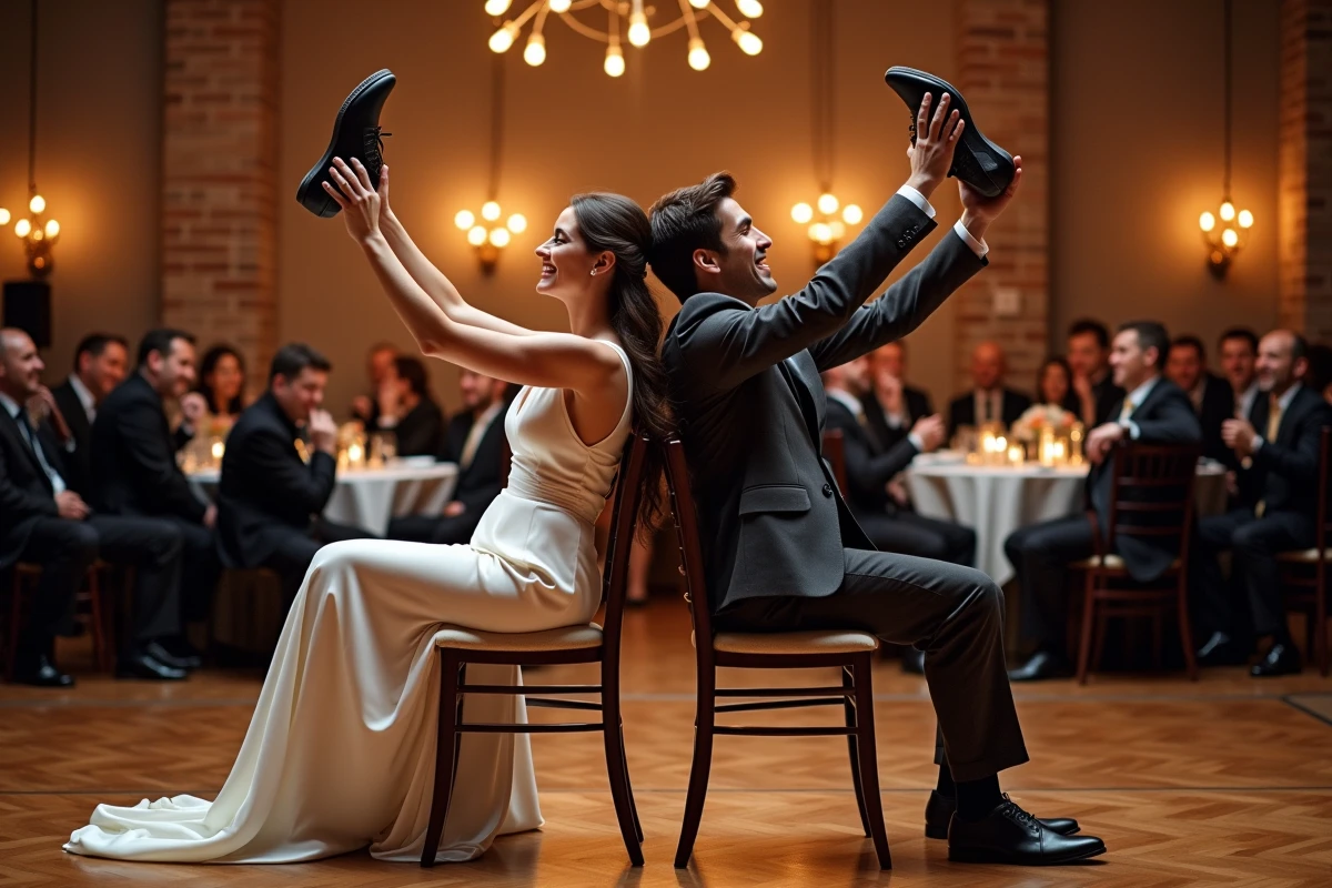 Couple de mariés jouant au jeu des chaussures assis dos à dos lors d'une animation de mariage élégante et conviviale dans un loft moderne