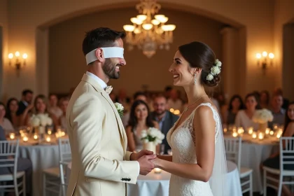 Jeu des mariés amusant et élégant lors d'une réception de mariage dans un château, couple souriant pendant une animation fun sans malaise