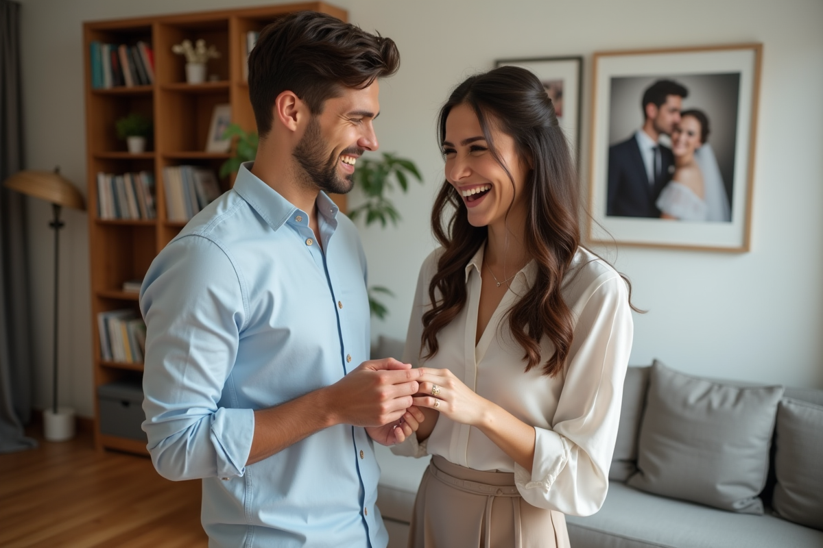 Jeune couple échangeant des anneaux dans un salon moderne