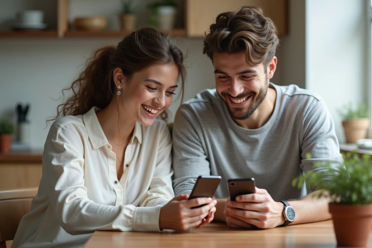 Jeune couple utilisant une application de compatibilite sur smartphone