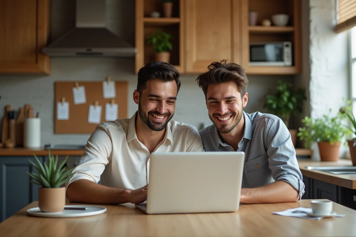 Jeune couple souriant planifiant leur site de mariage à la maison