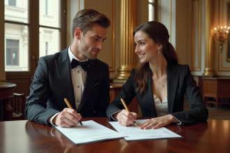 Jeune couple signant des documents de mariage à la mairie