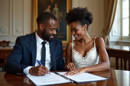 Couple interracial signant mariage &agrave; la mairie