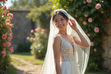 Jeune femme en robe de mariée ajustant son voile dans un jardin