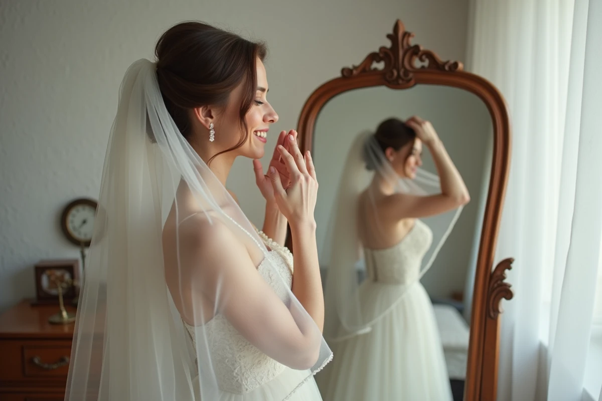 Femme heureuse ajustant son voile de mariée dans une chambre chaleureuse