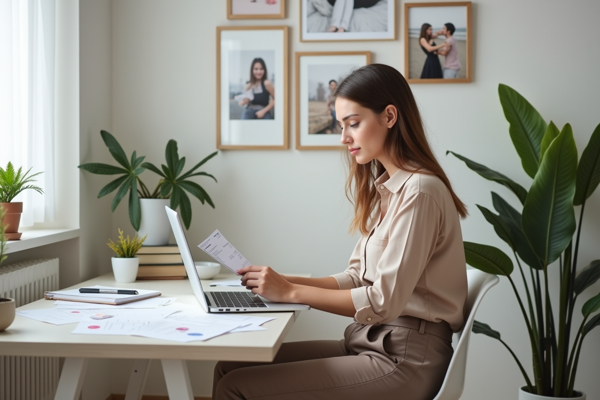Jeune femme photographe examinant une facture dans son bureau