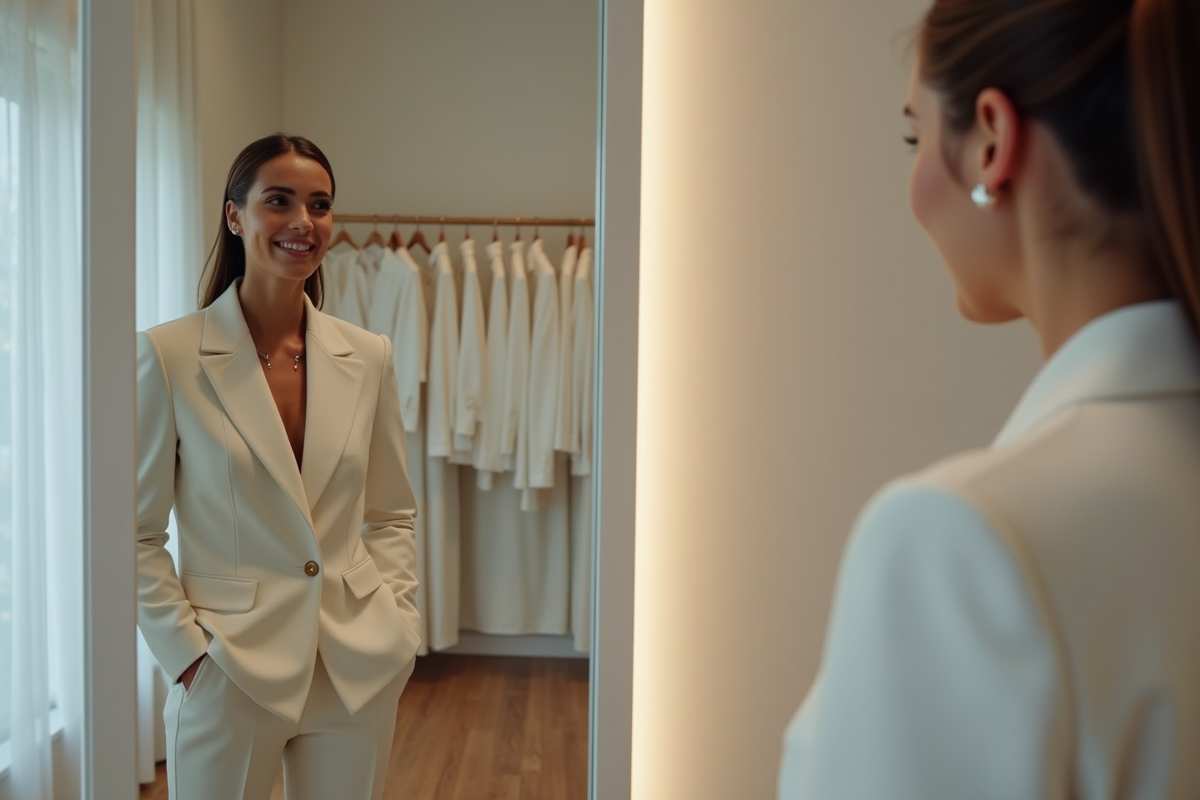 Jeune femme en essayage de costume de mariage moderne