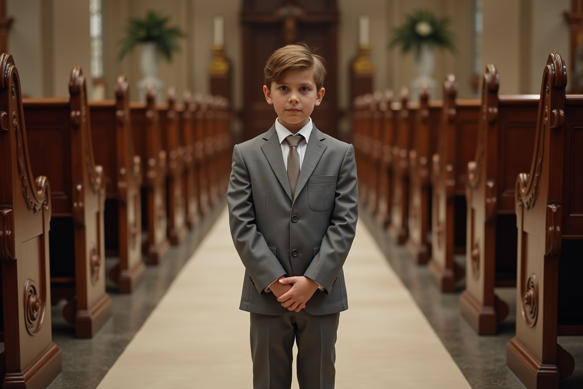 Jeune garçon en costume gris dans une église élégante
