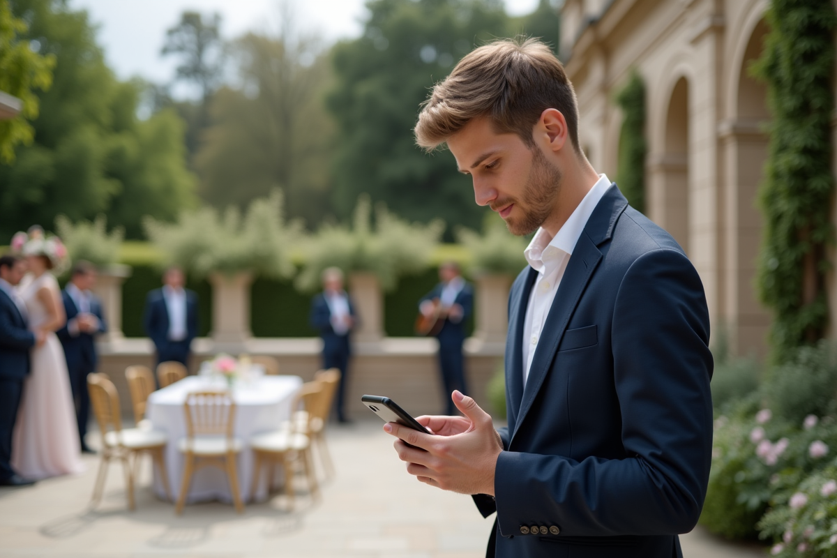 Homme en blazer navy utilisant son smartphone lors d