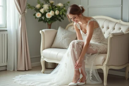 Jeune mari&eacute;e souriante en robe de mariage et chaussures satin