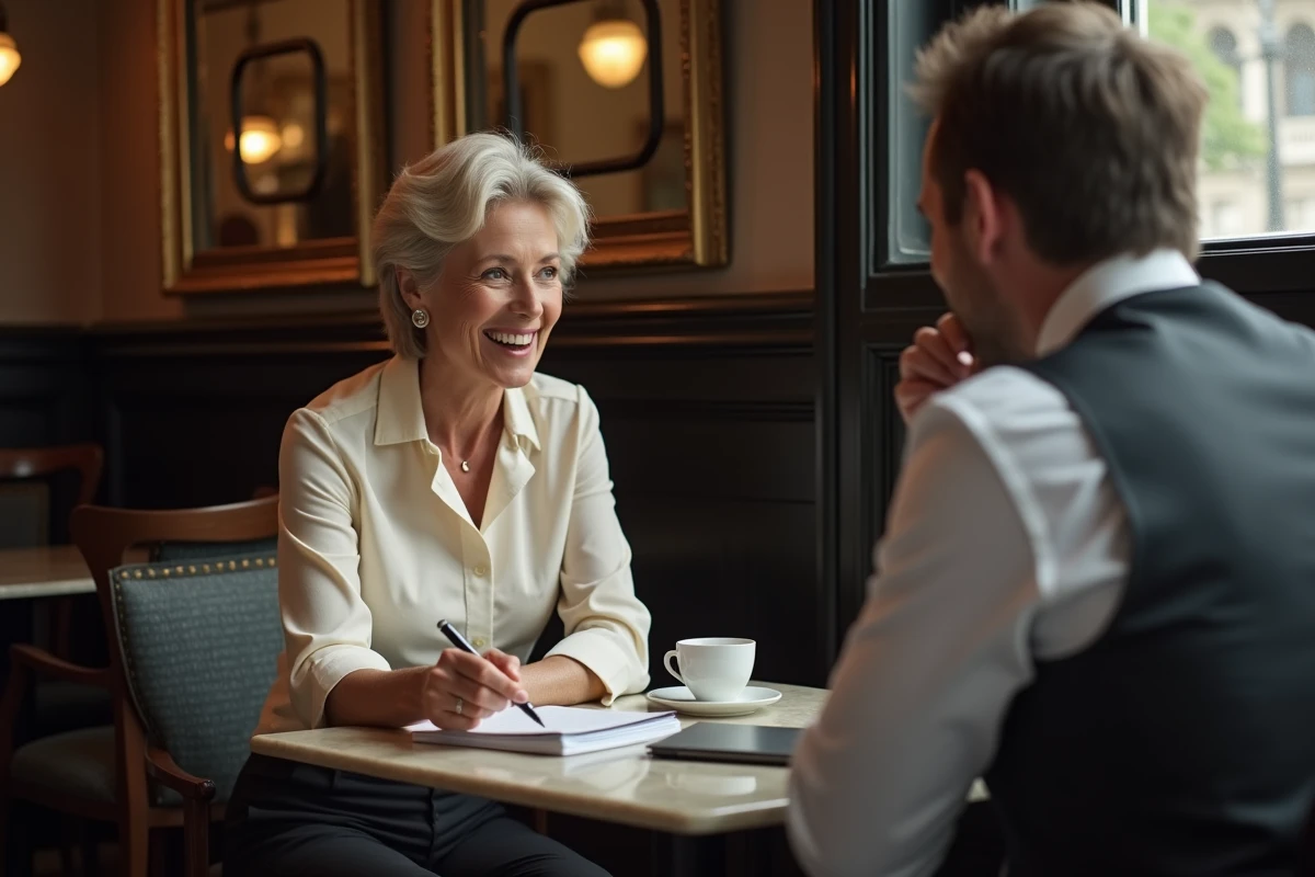 Femme journaliste et homme en conversation animée dans une brasserie parisienne traditionnelle autour d'un café
