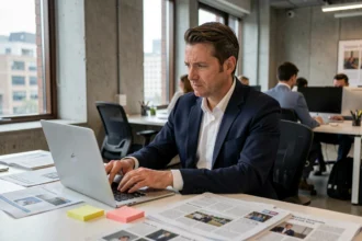 Journaliste analysant des articles dans une salle de rédaction moderne, illustrant le décryptage d'un buzz médiatique