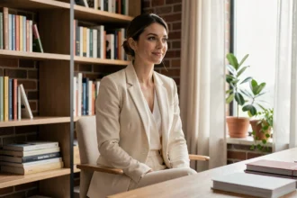 Journaliste femme en blazer crème assise à son bureau en bois dans un bureau à domicile élégant, incarnant discrétion et vie privée préservée
