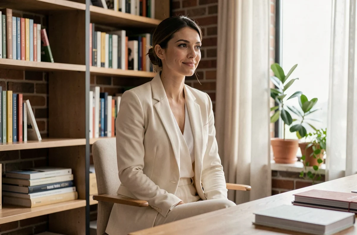 Journaliste femme en blazer crème assise à son bureau en bois dans un bureau à domicile élégant, incarnant discrétion et vie privée préservée