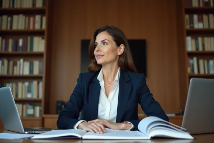 Femme juriste et chroniaque assise à un bureau avec des documents juridiques, illustrant le droit à la vie privée et l'enquête sur une personnalité publique