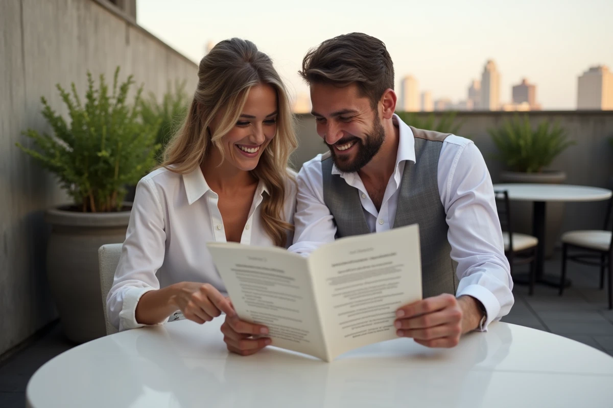Couple de mariés relisant le livret personnalisé de leur cérémonie laïque lors de la réception