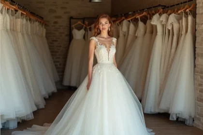 Femme en robe de mariée princesse avec jupe en tulle dans une boutique de location de robes de mariée à Strasbourg