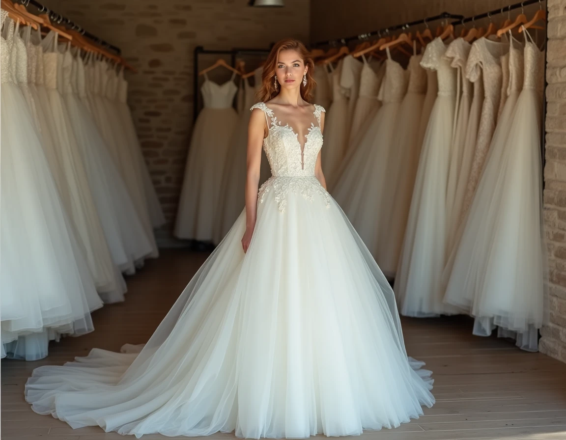 Femme en robe de mariée princesse avec jupe en tulle dans une boutique de location de robes de mariée à Strasbourg