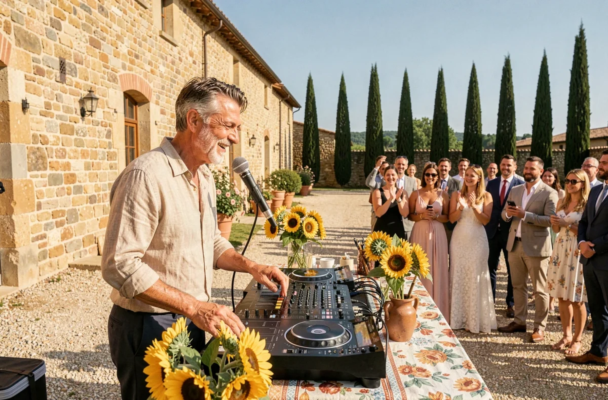 Lou Cade Evénementiel, DJ animateur interagissant avec les invités lors d'un mariage provençal près d'Avignon