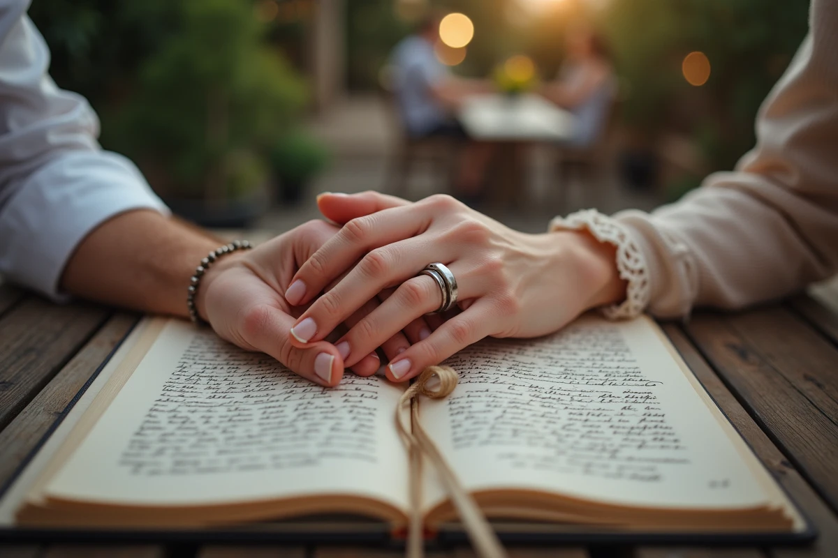 Mains entrelacees avec bagues de mariage sur un scrapbook