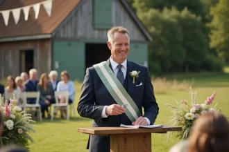 Maire en écharpe tricolore prononçant un discours lors d'un mariage champêtre en plein air entouré de fleurs sauvages
