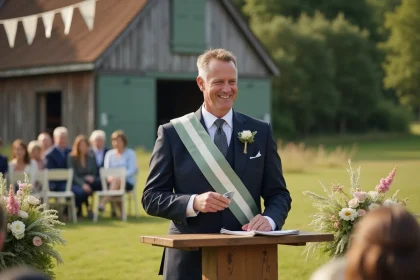 Maire en écharpe tricolore prononçant un discours lors d'un mariage champêtre en plein air entouré de fleurs sauvages