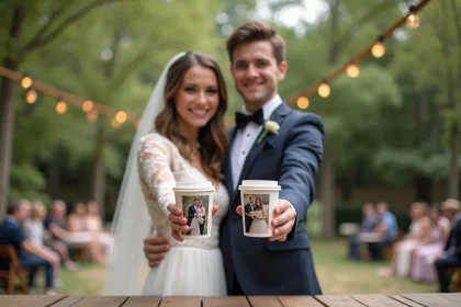 Jeune couple de mariés souriants lors de la réception en extérieur