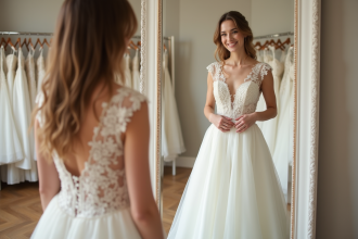 Femme souriante en robe de mariée en dentelle élégante