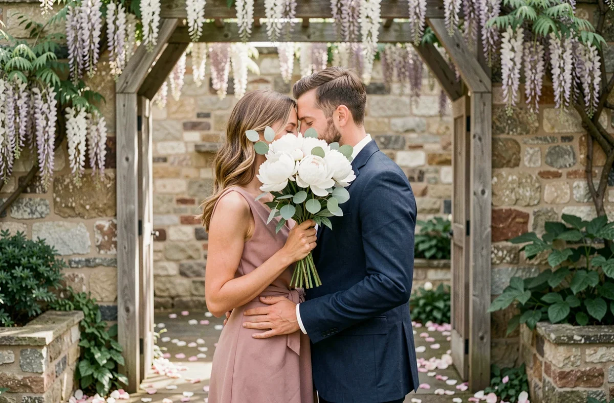 Couple élégant lors d'une cérémonie de mariage intime dans une cour en pierre fleurie, visages discrets derrière un bouquet de pivoines blanches