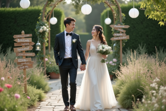 Jeune couple de mariés dans un jardin élégant et lumineux
