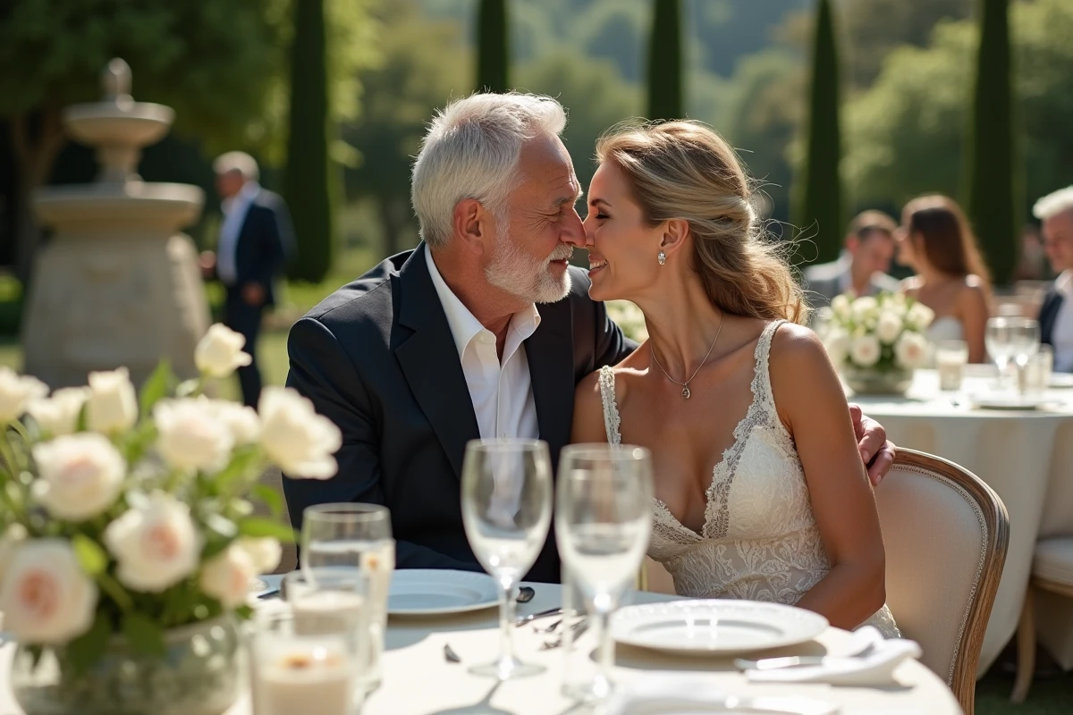 Couple élégant partageant un moment intime lors d'une réception de mariage en jardin français avec décoration florale blanche et atmosphère festive