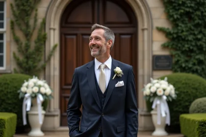 Homme élégant en costume marine devant un château français orné de fleurs blanches lors d'un mariage, portrait trois-quarts en extérieur