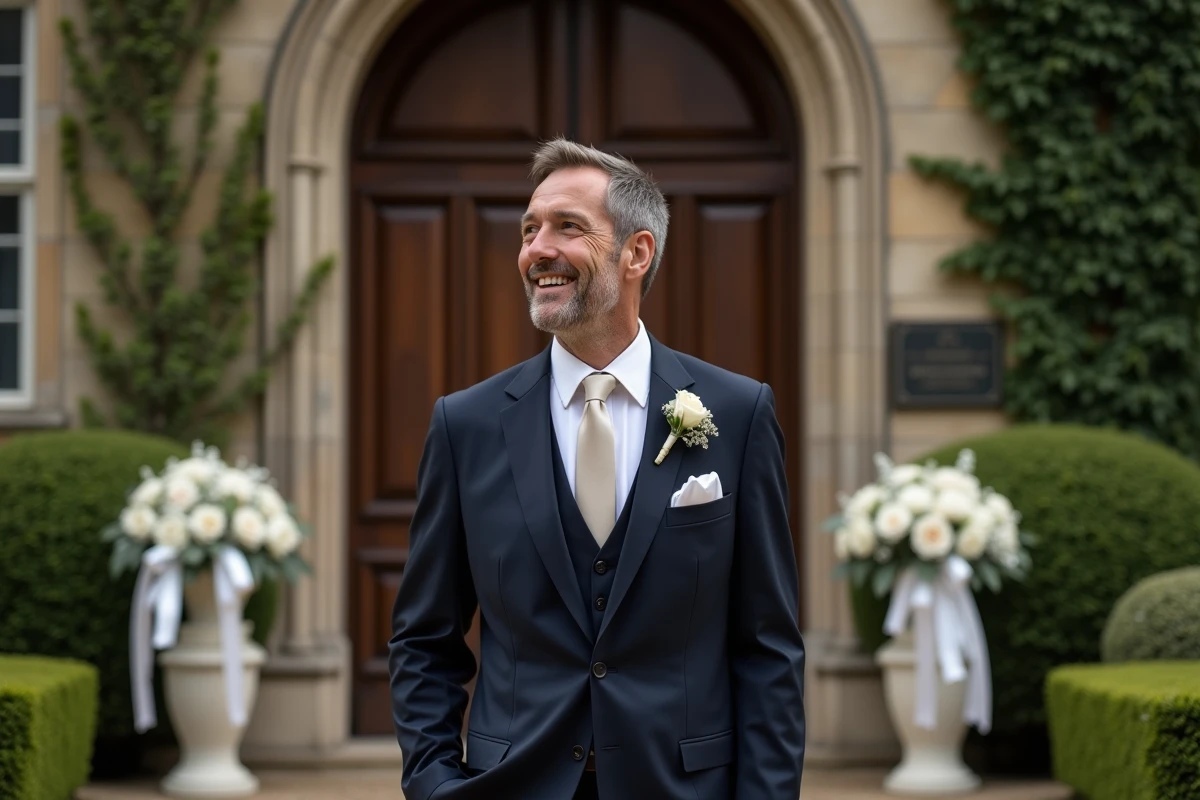 Homme élégant en costume marine devant un château français orné de fleurs blanches lors d'un mariage, portrait trois-quarts en extérieur