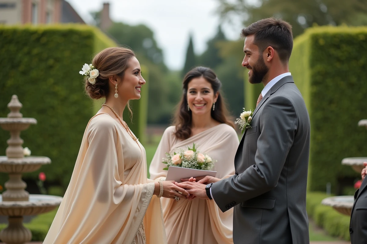 Cérémonie de mariage mixte en plein air dans un jardin français avec deux témoins interculturels aux côtés des mariés