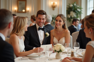 Jeune couple marié échangeant avec leurs parents lors d'une réception élégante