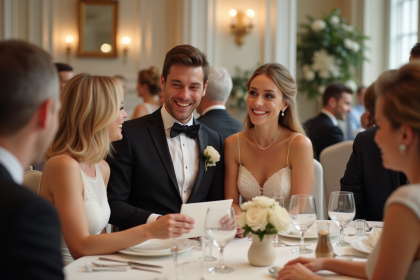Jeune couple marié échangeant avec leurs parents lors d'une réception élégante
