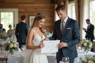 Jeune couple de mariés lors de la réception élégante