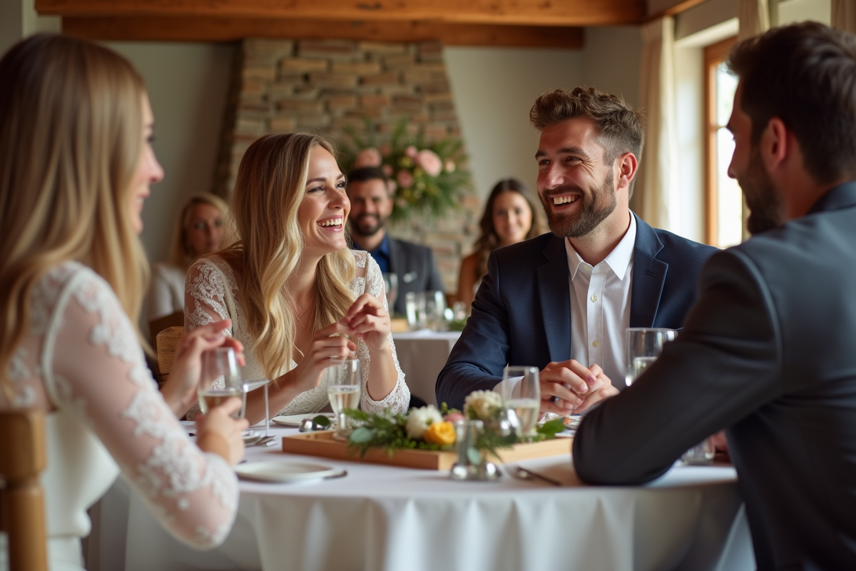 Jeune couple de mariés partageant un moment convivial