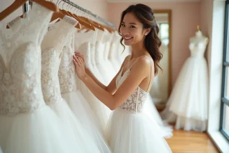 Jeune femme souriante en robe de mariée dans une boutique chic