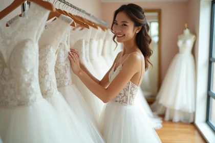 Jeune femme souriante en robe de mariée dans une boutique chic