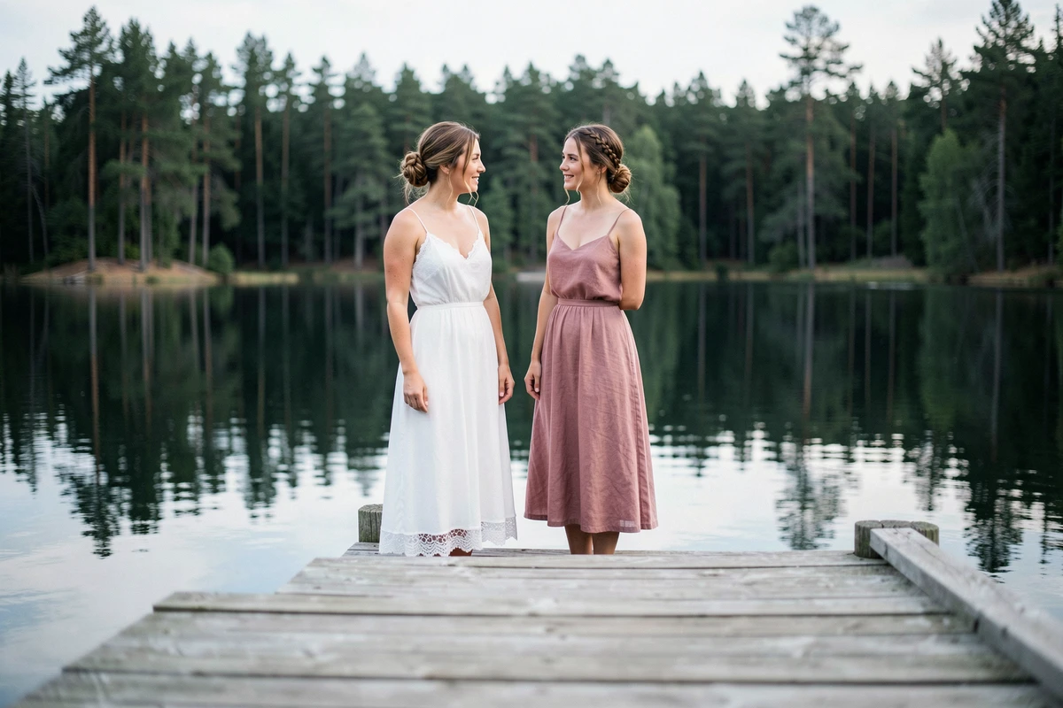 Mariée bohème et demoiselle d'honneur en tenues naturelles sur un ponton au bord d'un lac entouré de pins