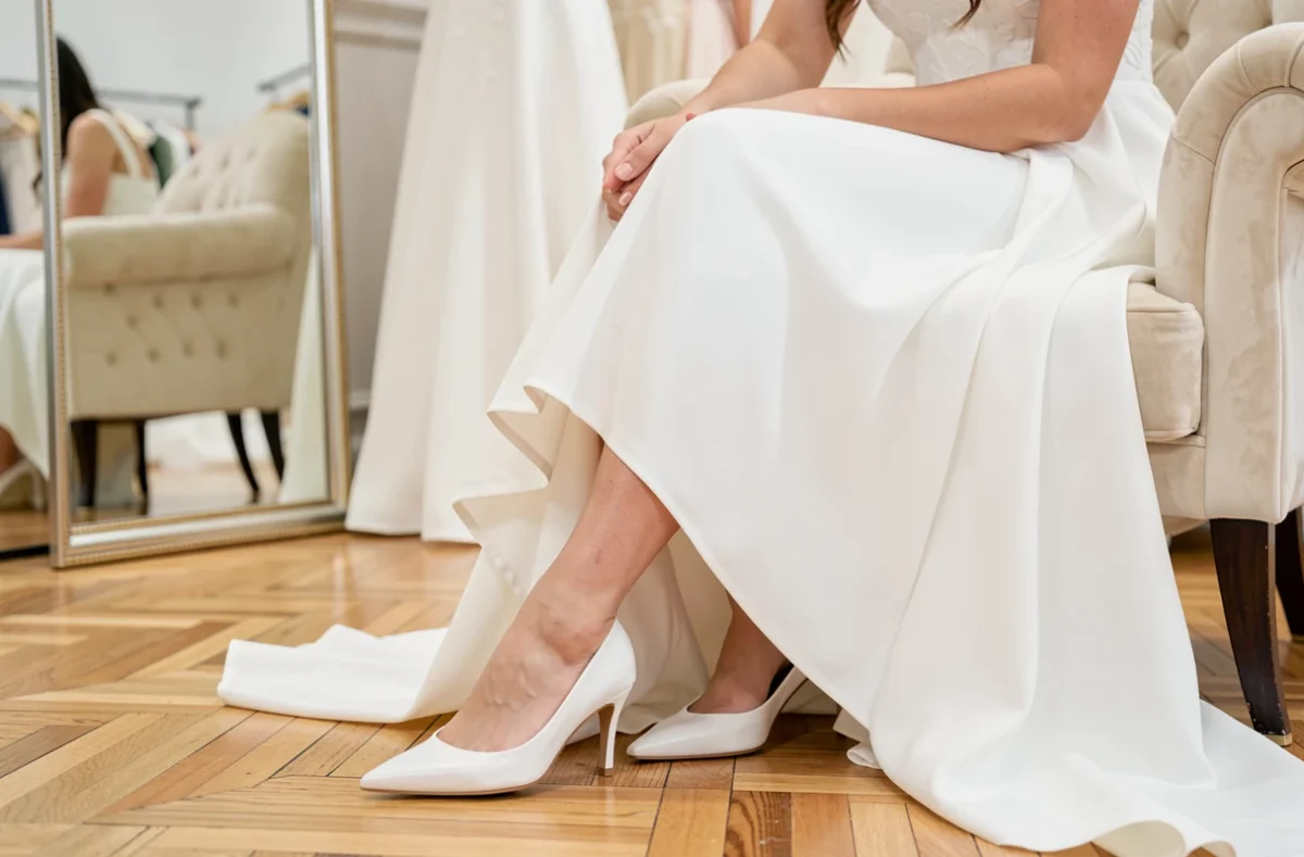 Jeune mariée enfilant des escarpins blancs en cuir dans une boutique de mariage avec parquet et miroirs