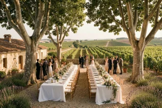 Réception de mariage élégante en plein air dans une salle de mariage du Var, avec tables dressées sous les platanes et vue sur les vignobles provençaux