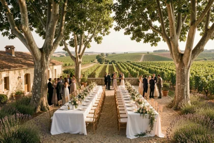 Réception de mariage élégante en plein air dans une salle de mariage du Var, avec tables dressées sous les platanes et vue sur les vignobles provençaux