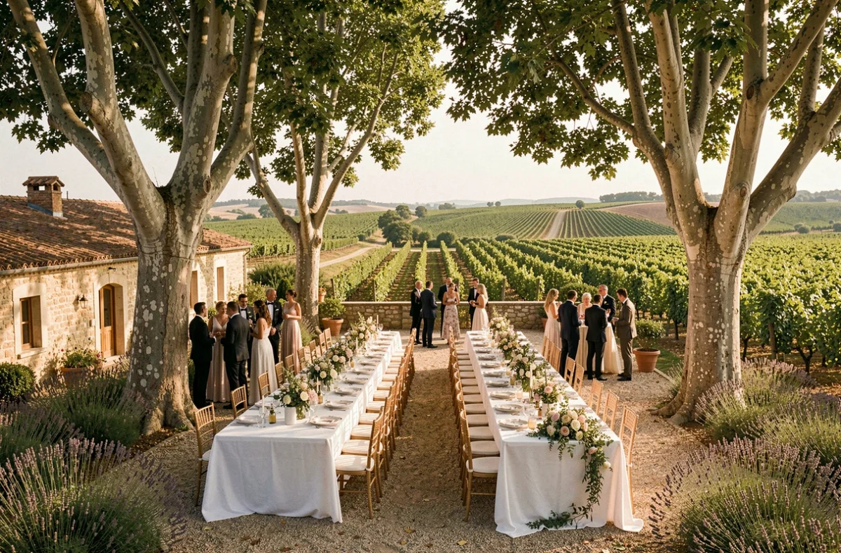Réception de mariage élégante en plein air dans une salle de mariage du Var, avec tables dressées sous les platanes et vue sur les vignobles provençaux